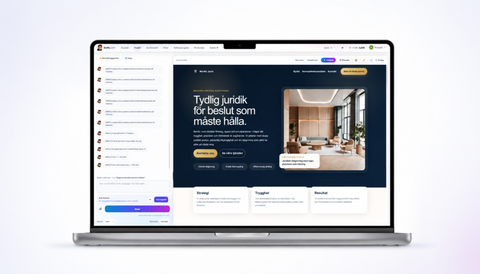 Deffe.com på en laptop där en hemsida skapas med AI